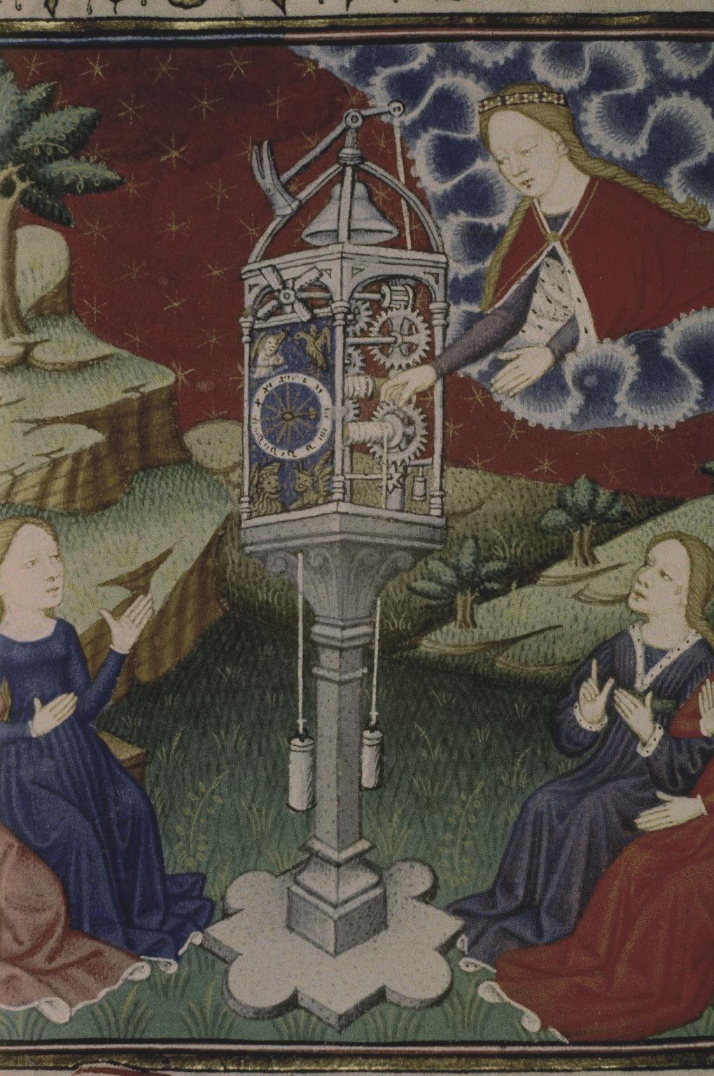Medieval clock with wheel-work and dials in book from c. 1450